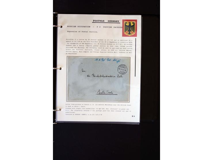  1945/1949, sehr umfangreiche Sammlung aller Zonen mit einigen hundert Briefen, Karten und Ganzsachen auf Austellungsblättern