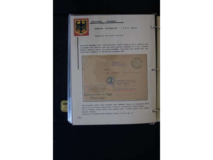  1945/1949, sehr umfangreiche Sammlung aller Zonen mit einigen hundert Briefen, Karten und Ganzsachen auf Austellungsblättern