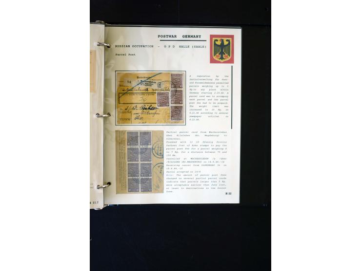  1945/1949, sehr umfangreiche Sammlung aller Zonen mit einigen hundert Briefen, Karten und Ganzsachen auf Austellungsblättern