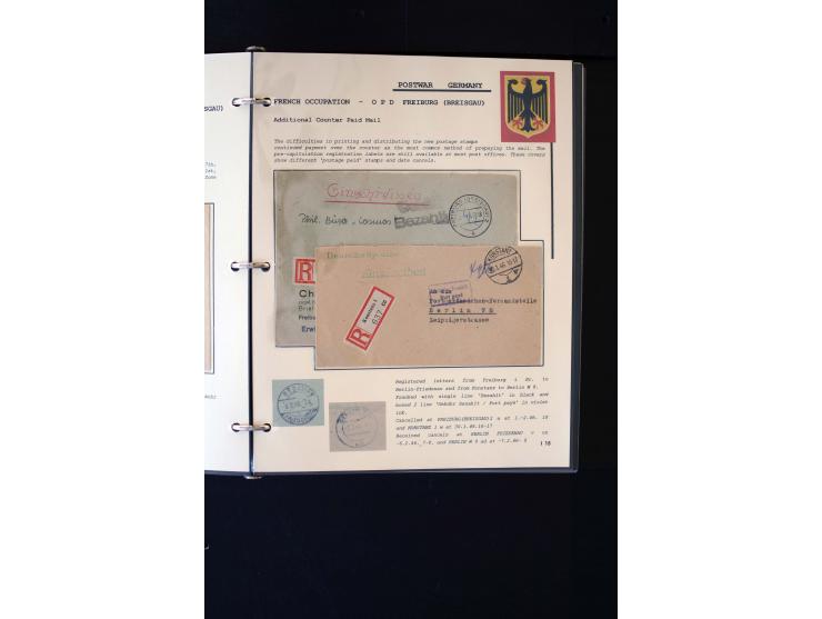  1945/1949, sehr umfangreiche Sammlung aller Zonen mit einigen hundert Briefen, Karten und Ganzsachen auf Austellungsblättern