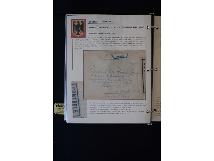  1945/1949, sehr umfangreiche Sammlung aller Zonen mit einigen hundert Briefen, Karten und Ganzsachen auf Austellungsblättern