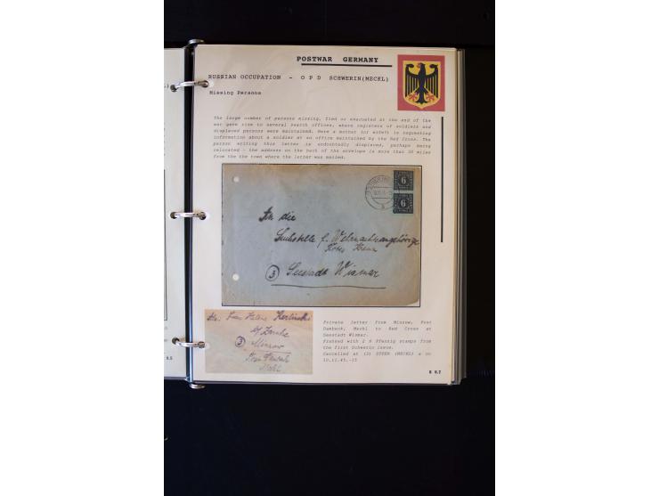  1945/1949, sehr umfangreiche Sammlung aller Zonen mit einigen hundert Briefen, Karten und Ganzsachen auf Austellungsblättern