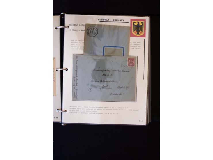 1945/1949, sehr umfangreiche Sammlung aller Zonen mit einigen hundert Briefen, Karten und Ganzsachen auf Austellungsblättern