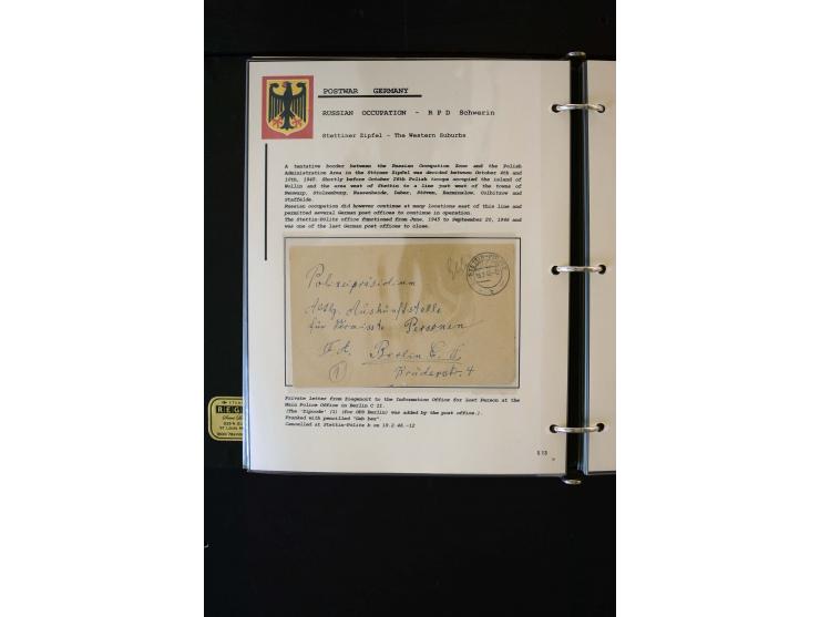  1945/1949, sehr umfangreiche Sammlung aller Zonen mit einigen hundert Briefen, Karten und Ganzsachen auf Austellungsblättern
