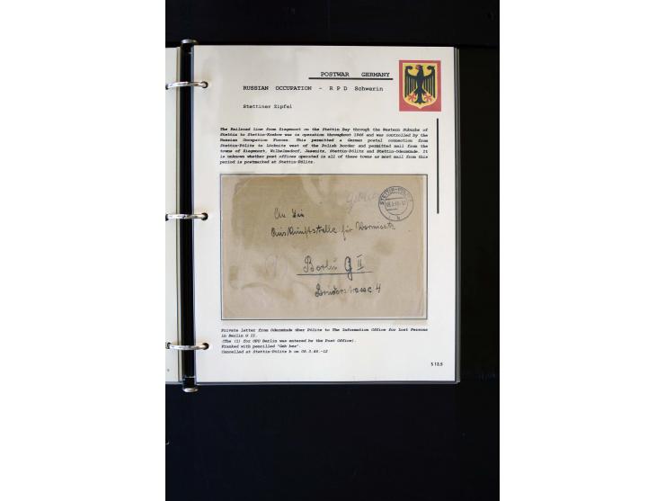  1945/1949, sehr umfangreiche Sammlung aller Zonen mit einigen hundert Briefen, Karten und Ganzsachen auf Austellungsblättern