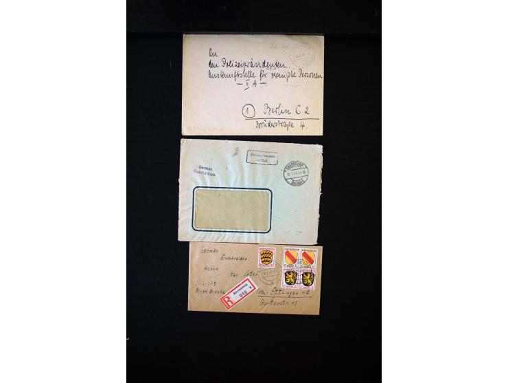  1945/1949, sehr umfangreiche Sammlung aller Zonen mit einigen hundert Briefen, Karten und Ganzsachen auf Austellungsblättern