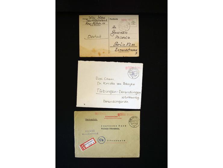  1945/1949, sehr umfangreiche Sammlung aller Zonen mit einigen hundert Briefen, Karten und Ganzsachen auf Austellungsblättern