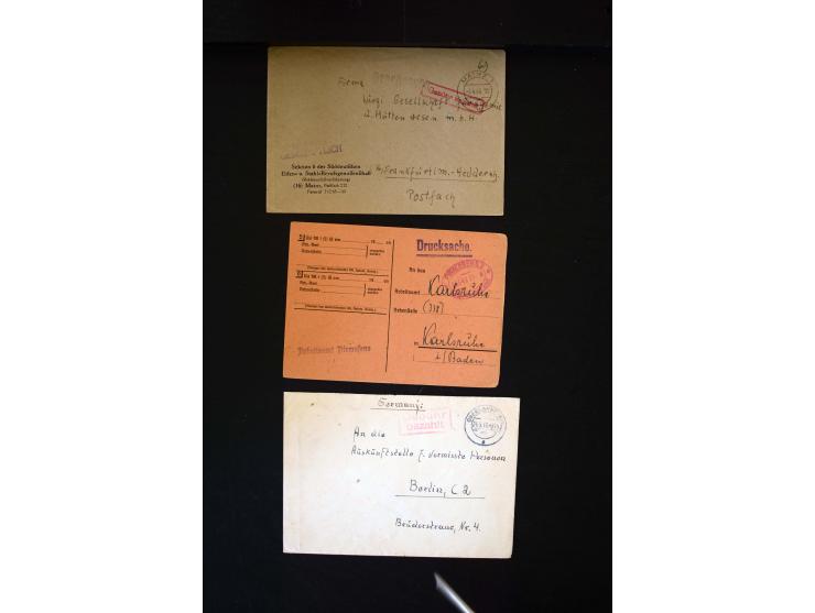  1945/1949, sehr umfangreiche Sammlung aller Zonen mit einigen hundert Briefen, Karten und Ganzsachen auf Austellungsblättern