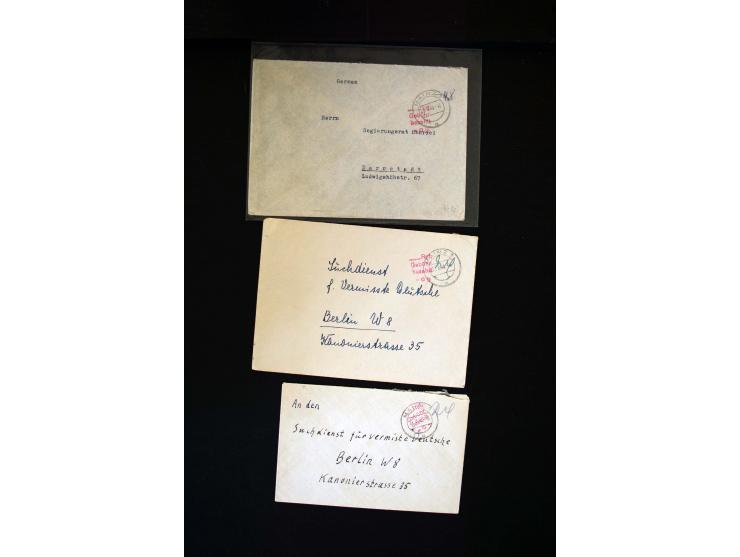  1945/1949, sehr umfangreiche Sammlung aller Zonen mit einigen hundert Briefen, Karten und Ganzsachen auf Austellungsblättern
