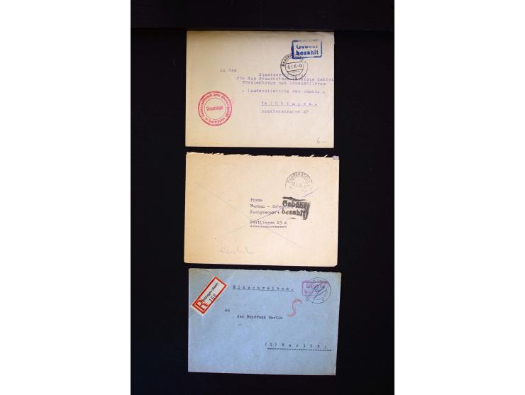  1945/1949, sehr umfangreiche Sammlung aller Zonen mit einigen hundert Briefen, Karten und Ganzsachen auf Austellungsblättern