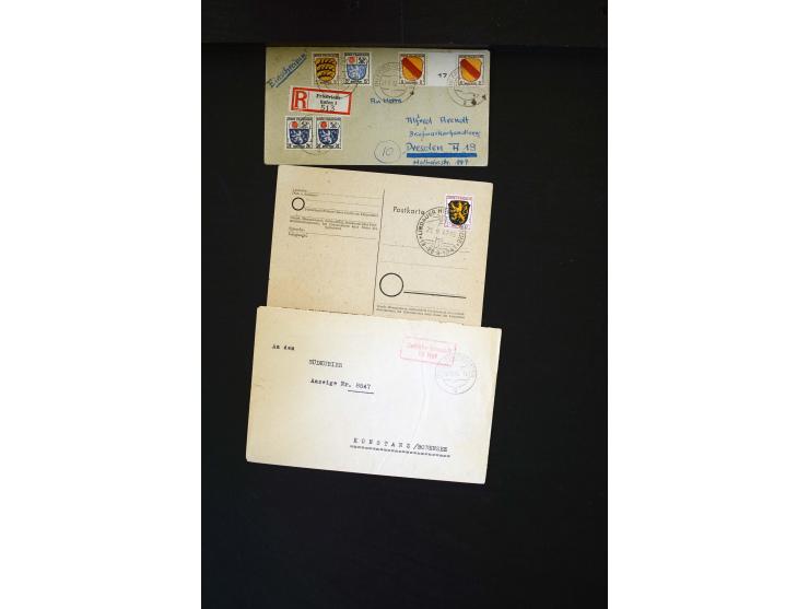  1945/1949, sehr umfangreiche Sammlung aller Zonen mit einigen hundert Briefen, Karten und Ganzsachen auf Austellungsblättern