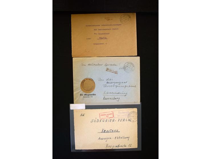  1945/1949, sehr umfangreiche Sammlung aller Zonen mit einigen hundert Briefen, Karten und Ganzsachen auf Austellungsblättern