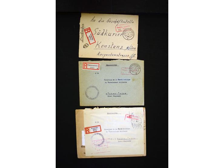  1945/1949, sehr umfangreiche Sammlung aller Zonen mit einigen hundert Briefen, Karten und Ganzsachen auf Austellungsblättern