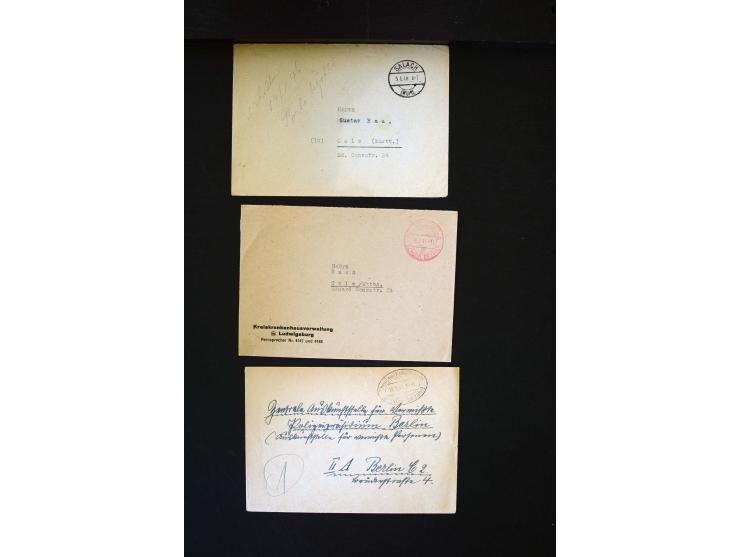  1945/1949, sehr umfangreiche Sammlung aller Zonen mit einigen hundert Briefen, Karten und Ganzsachen auf Austellungsblättern