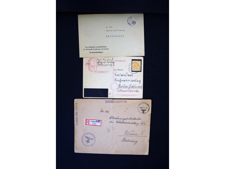  1945/1949, sehr umfangreiche Sammlung aller Zonen mit einigen hundert Briefen, Karten und Ganzsachen auf Austellungsblättern