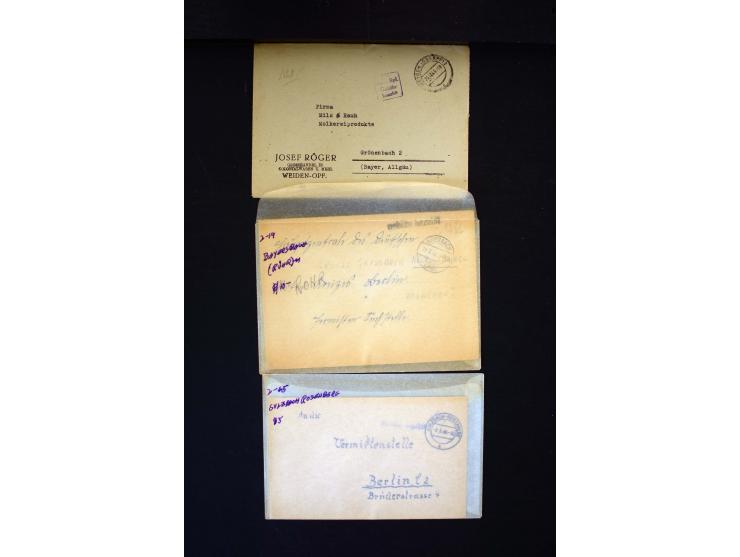  1945/1949, sehr umfangreiche Sammlung aller Zonen mit einigen hundert Briefen, Karten und Ganzsachen auf Austellungsblättern