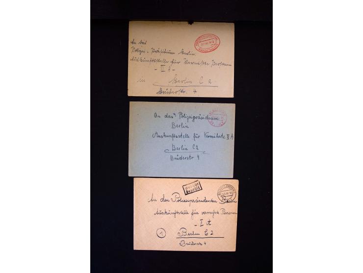  1945/1949, sehr umfangreiche Sammlung aller Zonen mit einigen hundert Briefen, Karten und Ganzsachen auf Austellungsblättern