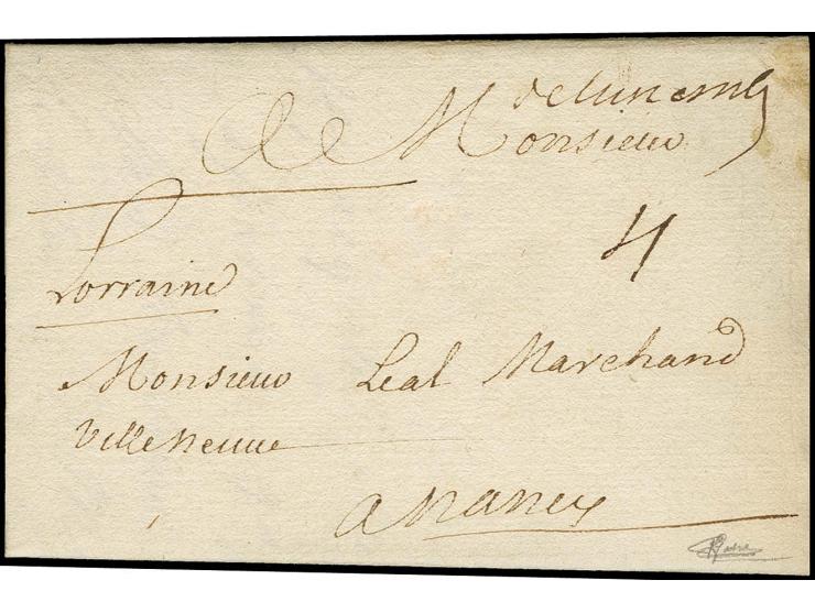 1709, "de Luxemb", manuscript marking on small entire letter dated "Luxembourg le 11 juillet 1709" to Nancy with manuscript t
