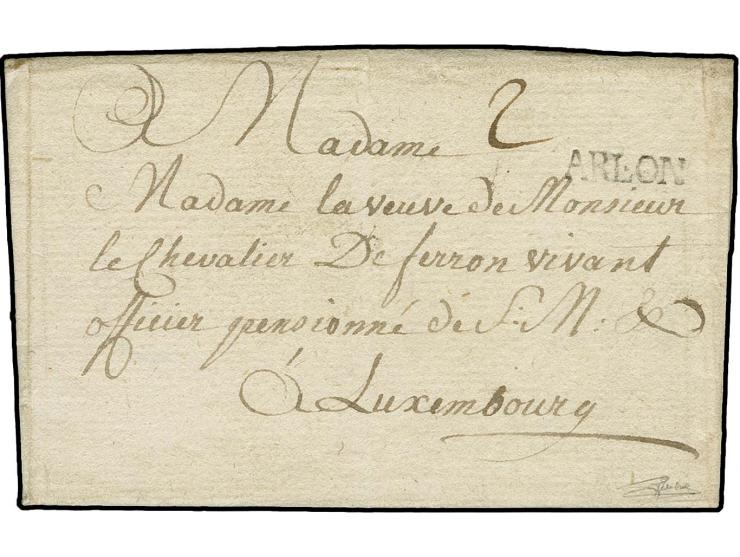 1786, "ARLON", clear straight line on entire letter to Luxemburg, taxed "2" sols, very fine (Goebel AA5, 12 points)