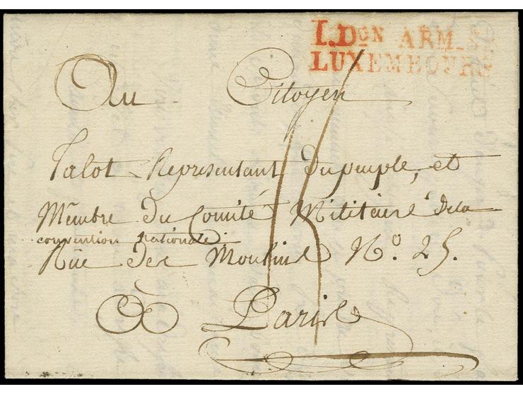 FRENCH PERIOD (1794-1814): 1795, "I.D.ON ARM. S. / LUXEMBOURG", double line in red, good strike on entire letter to Paris; fi