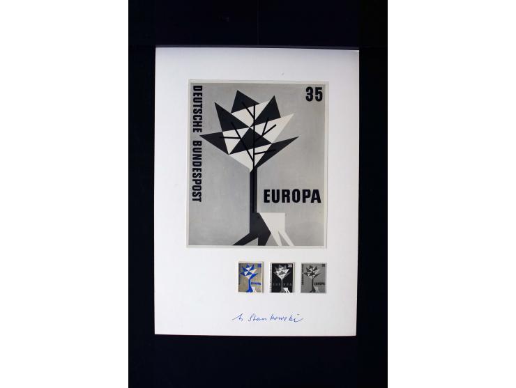 1955/65 (ca.), Partie Briefmarkenentwürfe des Künstlers Anton Stankowski (Entwurf u.a. Bund Mi.-Nr. 219 und 220), teils mit o