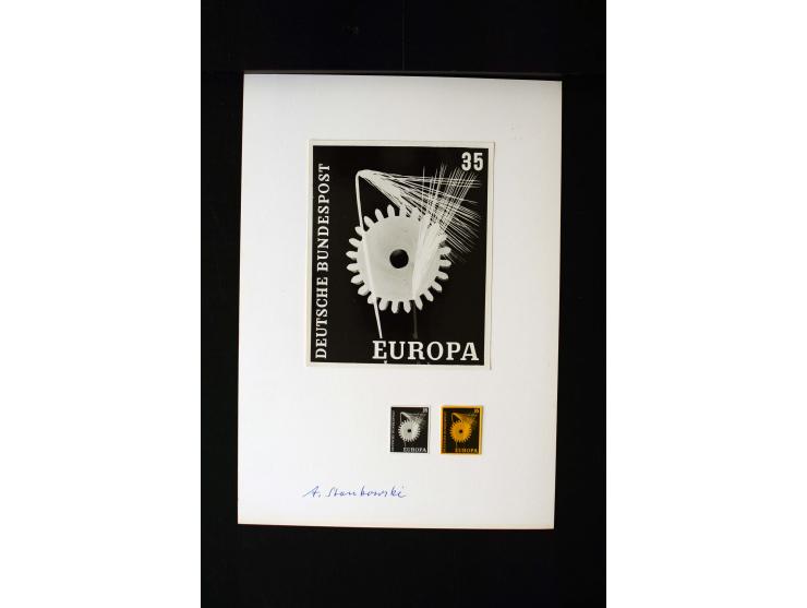 1955/65 (ca.), Partie Briefmarkenentwürfe des Künstlers Anton Stankowski (Entwurf u.a. Bund Mi.-Nr. 219 und 220), teils mit o