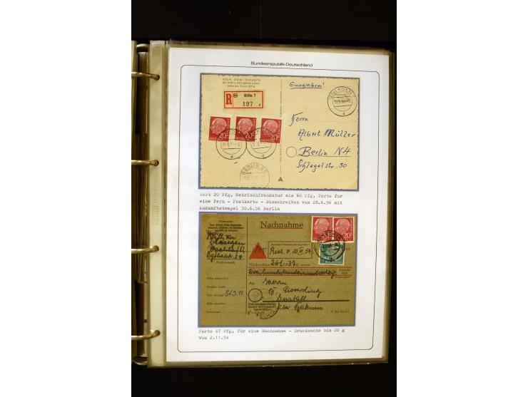 1954/1964, Ausstellungs-Sammlung "HEUSS I" in 2 Ordnern mit vielen besseren Einzel- und Mehrfachfrankaturen, reichlich Portos