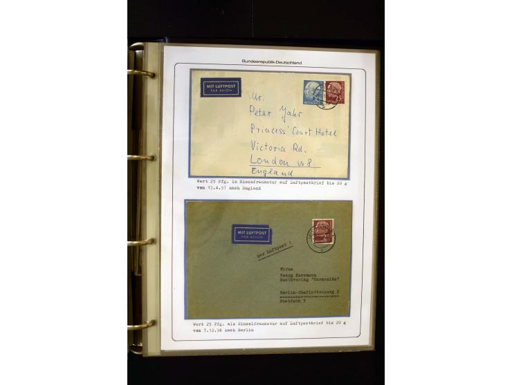 1954/1964, Ausstellungs-Sammlung "HEUSS I" in 2 Ordnern mit vielen besseren Einzel- und Mehrfachfrankaturen, reichlich Portos