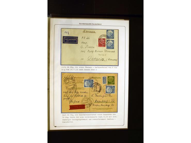1954/1964, Ausstellungs-Sammlung "HEUSS I" in 2 Ordnern mit vielen besseren Einzel- und Mehrfachfrankaturen, reichlich Portos