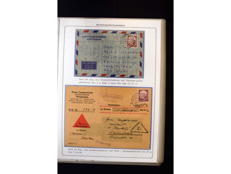 1954/1964, Ausstellungs-Sammlung "HEUSS I" in 2 Ordnern mit vielen besseren Einzel- und Mehrfachfrankaturen, reichlich Portos
