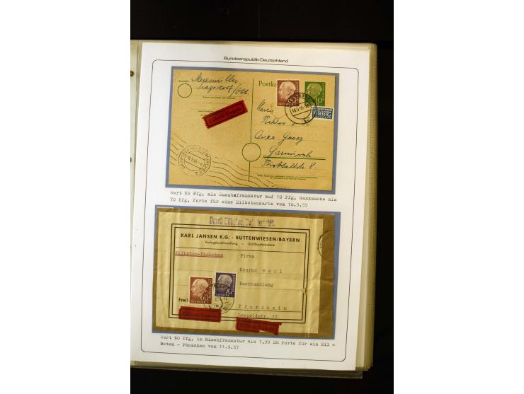 1954/1964, Ausstellungs-Sammlung "HEUSS I" in 2 Ordnern mit vielen besseren Einzel- und Mehrfachfrankaturen, reichlich Portos