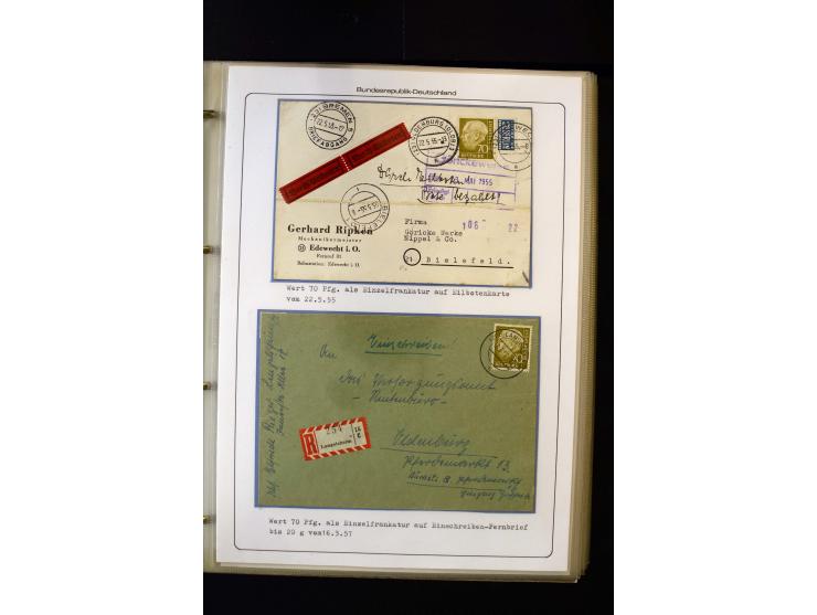 1954/1964, Ausstellungs-Sammlung "HEUSS I" in 2 Ordnern mit vielen besseren Einzel- und Mehrfachfrankaturen, reichlich Portos