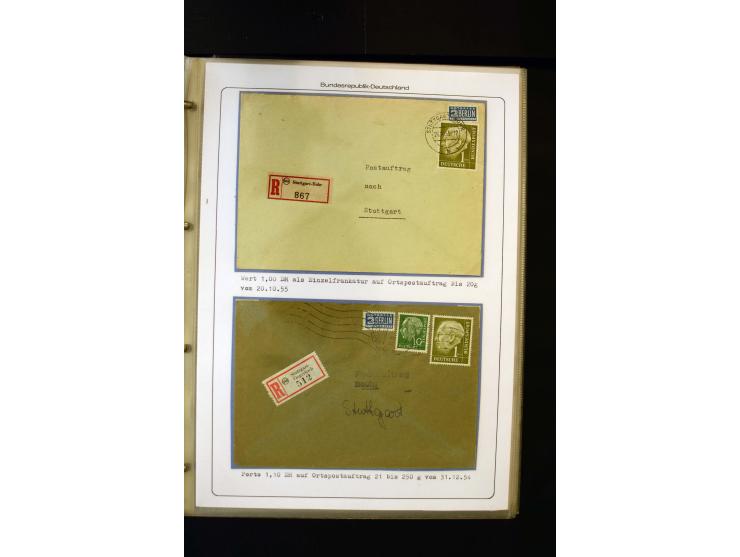 1954/1964, Ausstellungs-Sammlung "HEUSS I" in 2 Ordnern mit vielen besseren Einzel- und Mehrfachfrankaturen, reichlich Portos