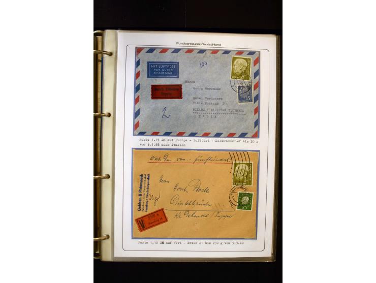 1954/1964, Ausstellungs-Sammlung "HEUSS I" in 2 Ordnern mit vielen besseren Einzel- und Mehrfachfrankaturen, reichlich Portos
