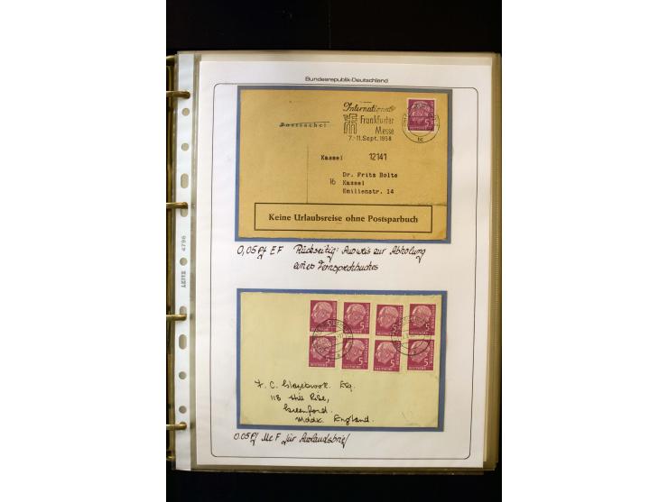 1954/1964, Ausstellungs-Sammlung "HEUSS I" in 2 Ordnern mit vielen besseren Einzel- und Mehrfachfrankaturen, reichlich Portos
