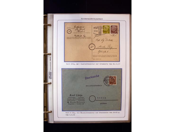 1954/1964, Ausstellungs-Sammlung "HEUSS I" in 2 Ordnern mit vielen besseren Einzel- und Mehrfachfrankaturen, reichlich Portos
