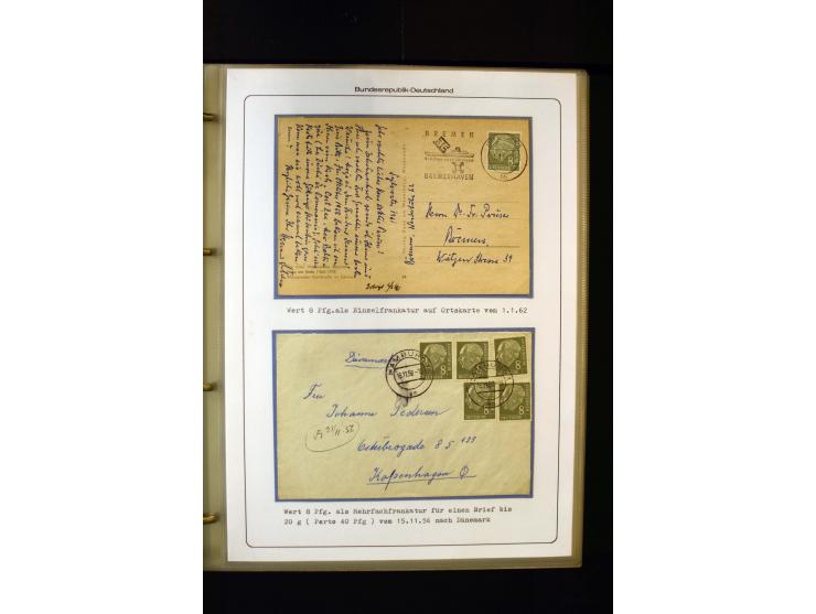 1954/1964, Ausstellungs-Sammlung "HEUSS I" in 2 Ordnern mit vielen besseren Einzel- und Mehrfachfrankaturen, reichlich Portos