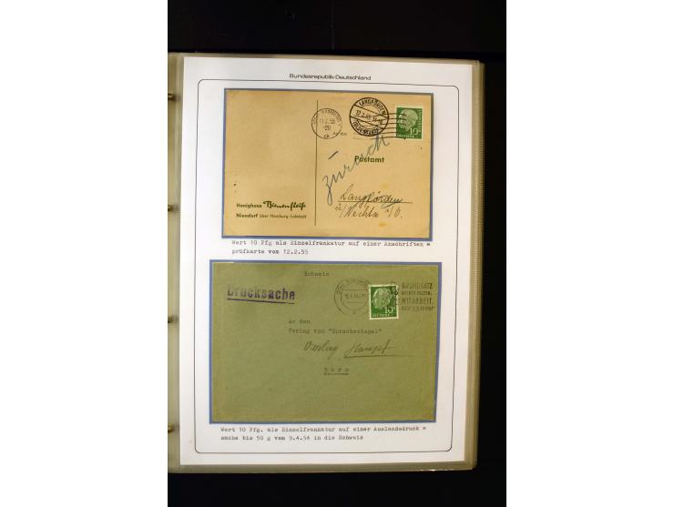 1954/1964, Ausstellungs-Sammlung "HEUSS I" in 2 Ordnern mit vielen besseren Einzel- und Mehrfachfrankaturen, reichlich Portos