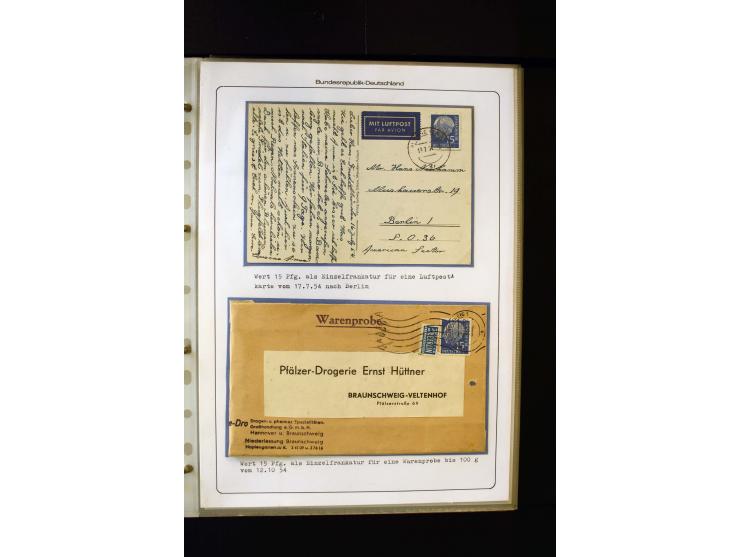 1954/1964, Ausstellungs-Sammlung "HEUSS I" in 2 Ordnern mit vielen besseren Einzel- und Mehrfachfrankaturen, reichlich Portos