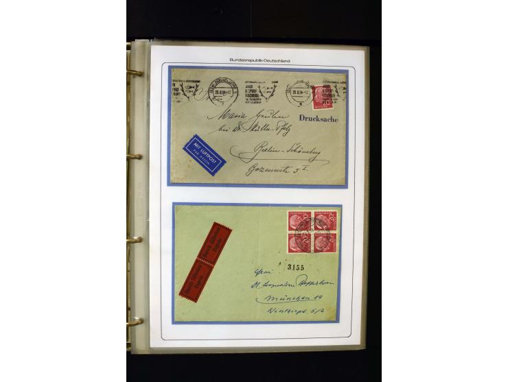 1954/1964, Ausstellungs-Sammlung "HEUSS I" in 2 Ordnern mit vielen besseren Einzel- und Mehrfachfrankaturen, reichlich Portos