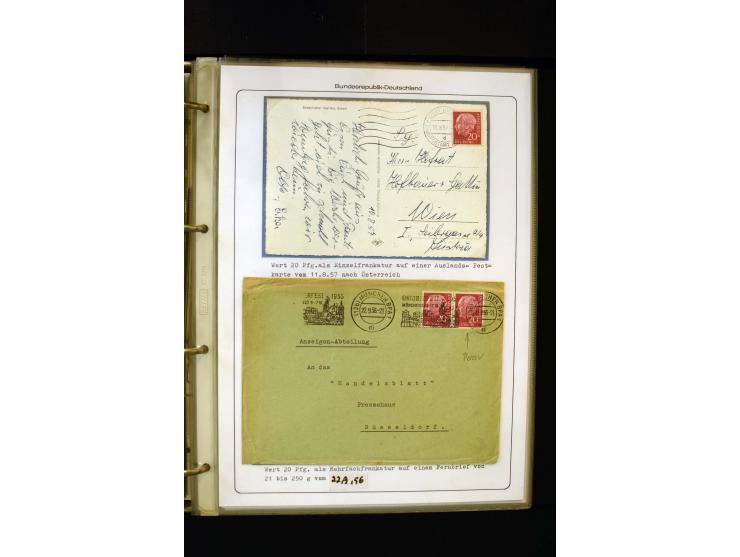 1954/1964, Ausstellungs-Sammlung "HEUSS I" in 2 Ordnern mit vielen besseren Einzel- und Mehrfachfrankaturen, reichlich Portos