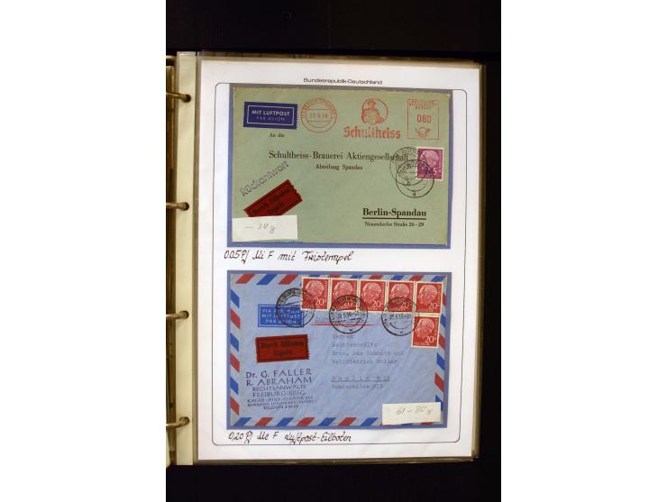 1954/1964, Ausstellungs-Sammlung "HEUSS I" in 2 Ordnern mit vielen besseren Einzel- und Mehrfachfrankaturen, reichlich Portos