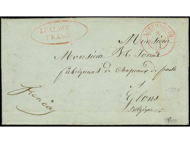 GOVERNMENT OF THE GRAND DUCHY (from 1839): "LUXEMBURG FRANCO", scarce oval marking in red with adjacent red "LUXEMBOURG 8 JAN