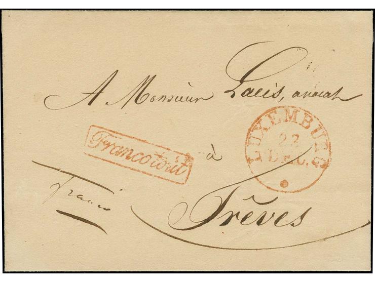 "LUXEMBURG 23 DEC." in red with adjacent boxed "Franco tout" on lettersheet to Trier, on reverse noted "10" (centimes)
