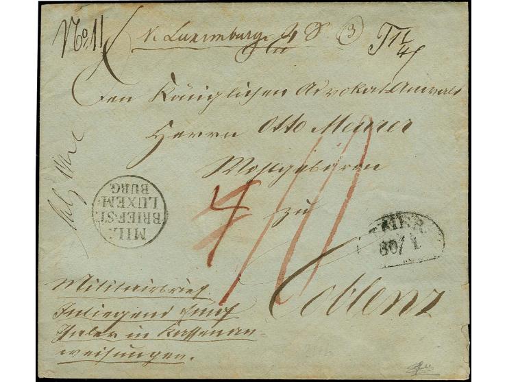 "MIL.:BRIEF. ST: LUXEM: BURG.", superb black marking on sealed money letter endorsed "v. Luxemburg" to Koblenz with transit m