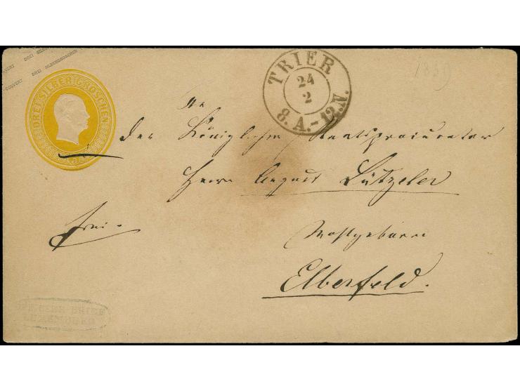 "OFFICIER BRIEF LUXEMBURG", small oval marking in blue on Prussia postal stationery envelope 3 sgr. yellow with adjacent clea