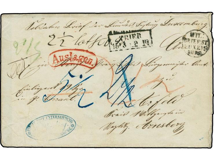 "PRIVAT POSTUNTERNEHMUNG J. Recking von TRIER nach LUXEMBOURG", blue oval cachet on sealed money letter from Luxemburg to Arf