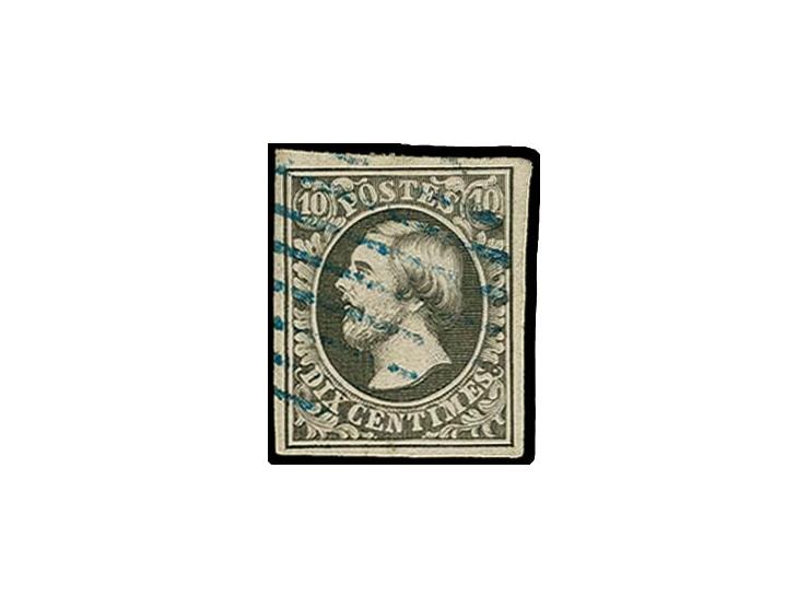 10 c. black with large margins all around, neatly cancelled by blue circle of bars of Luxembourg; a fine stamp with rare canc