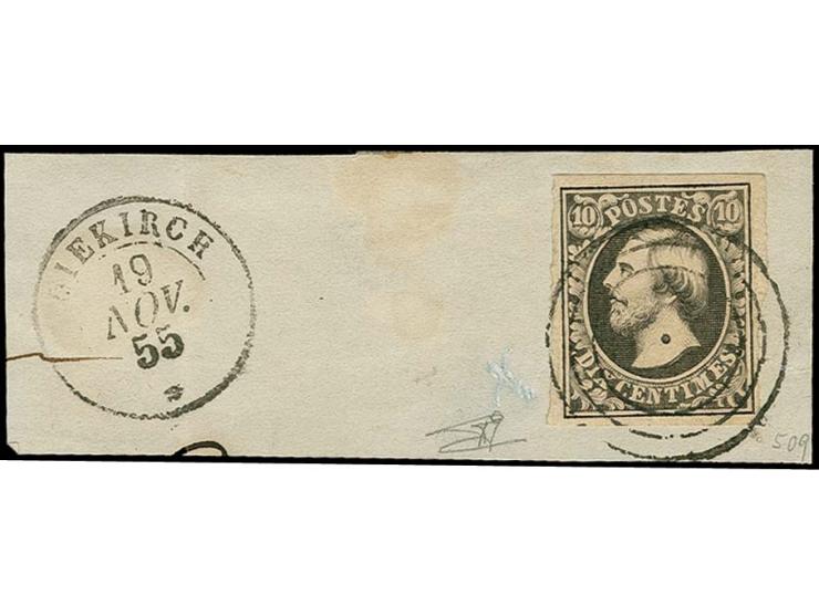 10 c. black, good margins all around, tied by clear circle to piece with adjacent cds. "DIEKIRCH 19 NOV. 55", fine, signed Go