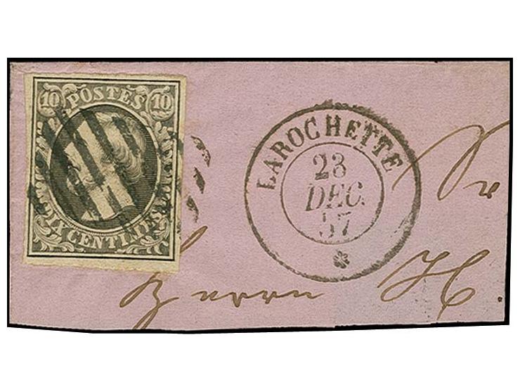 10 c. black, tied by rural sqare of bars to piece with decent clear cds. "LAROCHETTE 23 DEC. 57", very fine